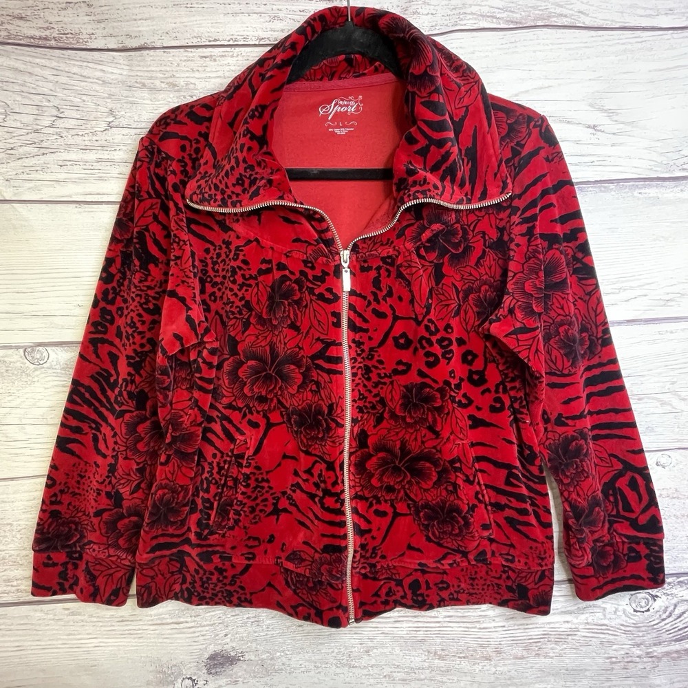 Style & Co. Sport Jacket Size L Soft Velour Rose Animal Print Floral Zip Boho